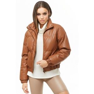 Brown Faux Leather Puffer Jacket